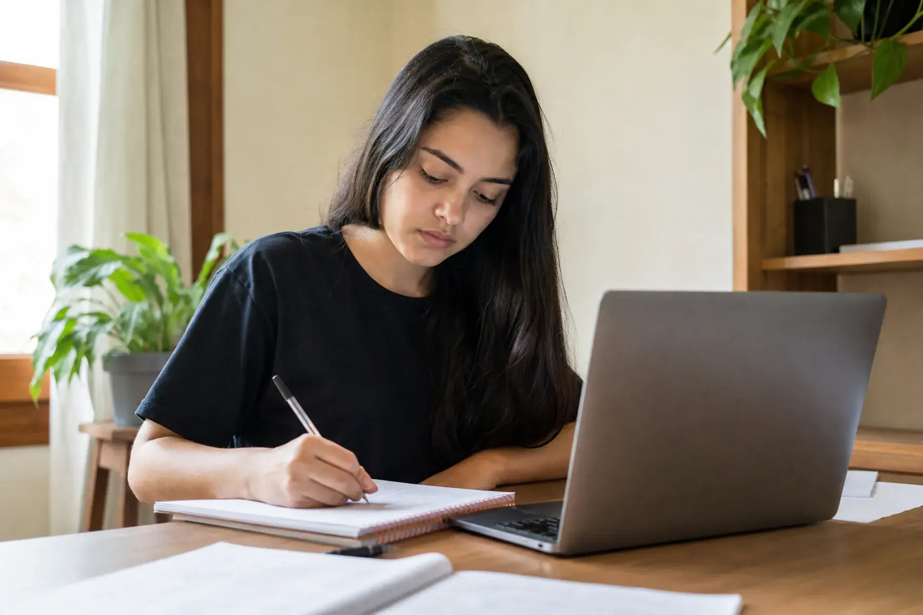 Estudante organizando sua rotina de estudos com notebook e caderno.